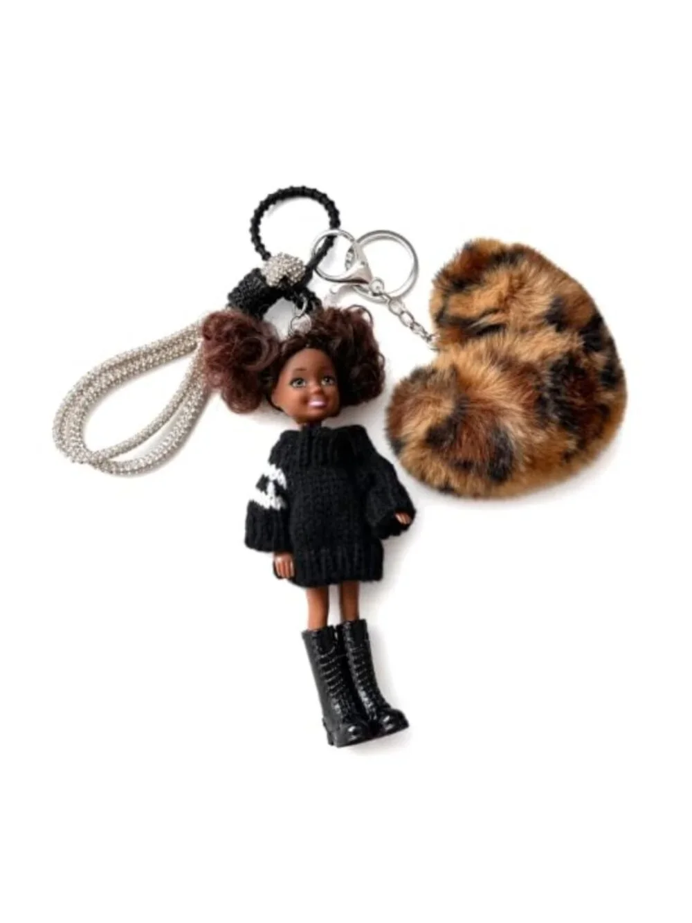 Handcrafted Doll Bag Charm Keychain with Leopard Pom Pom